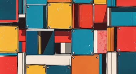 colorful cubes retro magazine collage abstract pattern art design on plain white background illustration