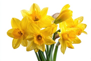 Fototapeta premium Bright yellow daffodils in full bloom against a pristine white background showcasing vibrant spring beauty