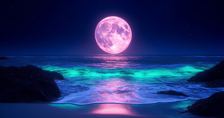Pink Moonlit Beach at Night
