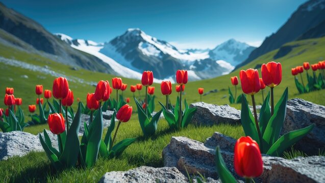 Vibrant red wild tulip flowers blooming in mountain spring scenery with snowy peaks and clear blue sky, perfect outdoor travel backdrop