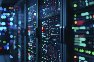 Naklejka premium modern data center with illuminated server racks displaying vibrant digital interfaces and data visualizations, creating high