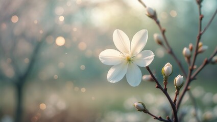 Elegant floral spring abstract blurred background featuring blooming tree branches and soft bokeh light, ideal for greeting cards with space for messages