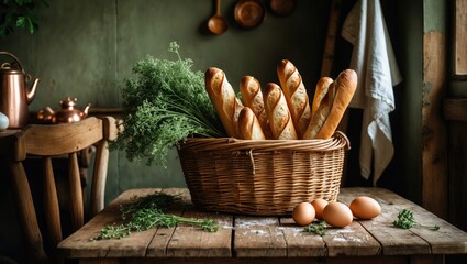 Vintage kitchen interior with a small wooden table and simple chair, featuring food and kitchen accessories in a minimalistic design