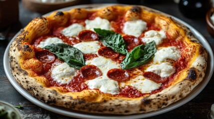 Close-up of Traditional Pepperoni Pizza with Mozzarella