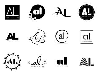AL logo company template. Letter a and l logotype. Set different classic serif lettering and modern bold text with design elements. Initial font typography.