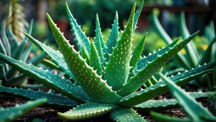 Fototapeta premium Aloe vera or star cactus displaying green foliage in a garden setting