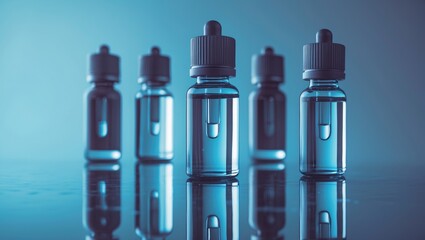 Horizontal view of eye drop bottles and saline solution on a table, emphasizing vision care and hygiene.