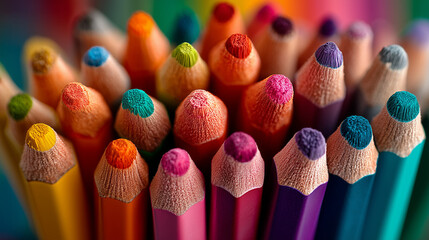 Macro Shot of Colorful Pencil Tips in a Cluster