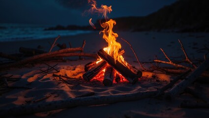 Beach bonfire on sand to combat the cold in a natural landscape