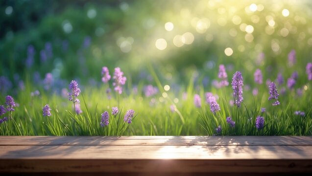 Wooden table product display set against a garden background with grass, foliage, and bright sunlight