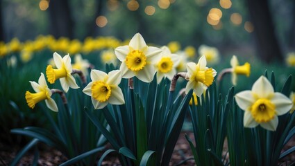 Obraz premium Vivid yellow spring flowers with lush blooms and dark foliage