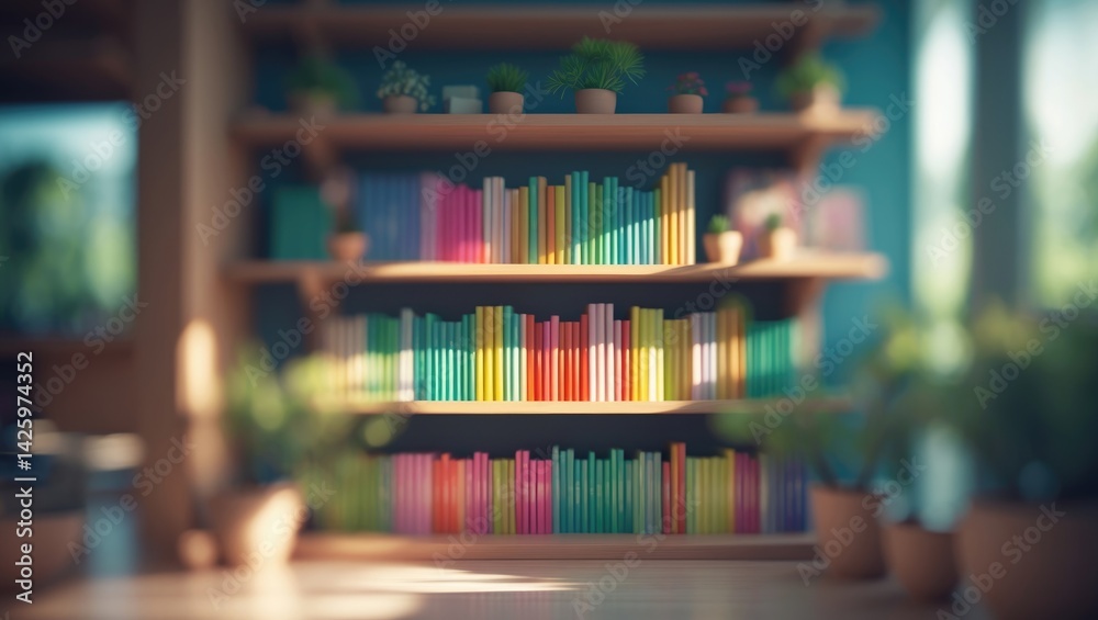 Poster minimalist bookshelf with colorful books and decor in soft natural light for tranquil interior desig