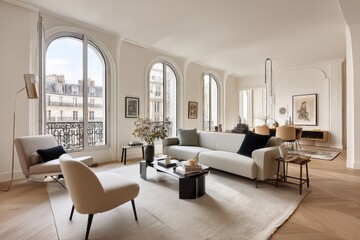 Elegant Apartment Living Room Design with Neutral Tones, Arch Windows, and Hardwood Floors.
