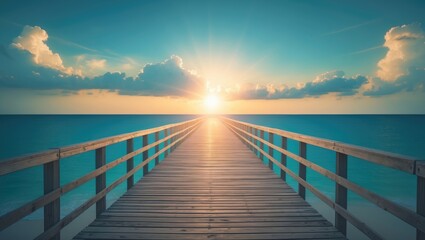 Obraz premium Wooden boardwalk along a tropical beach at sunset