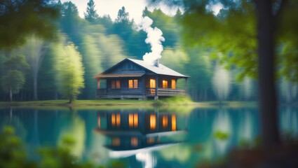 Fototapeta premium Peaceful retreat featuring a cabin with a blurred natural background and smoke rising from the chimney