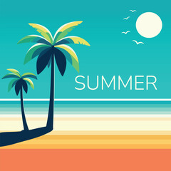 Relaxation on the beach with two palm tree on a tropic background. Summer time. Poster, Banner, Flyer, Greeting Card. Vector illustration in flat cartoon style