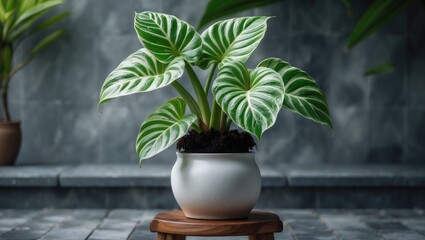 Fototapeta premium Anthurium crystallinum: Luxurious velvety leaves in Japanese jungle-themed wallpaper