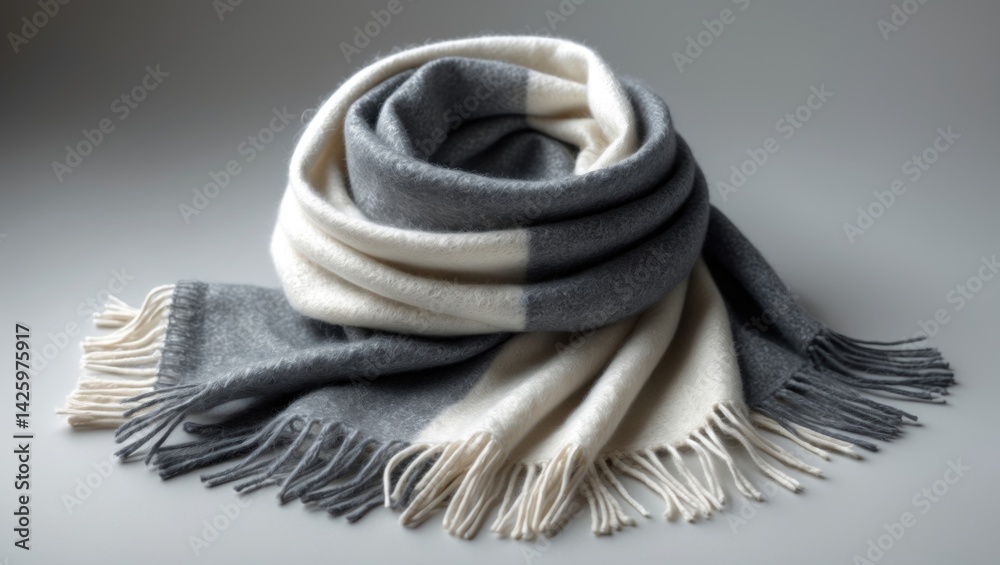 Poster luxurious alpaca wool scarf featuring color blocking design on a neutral background.