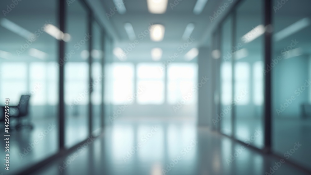 Poster Abstract blurry and out of focus scene in an empty office building with windows and ample copy space
