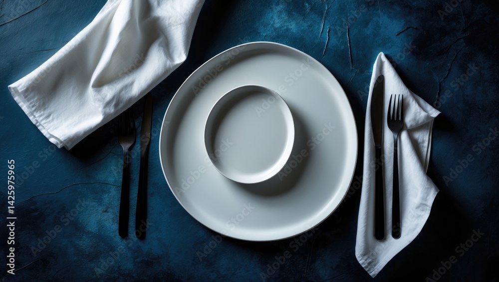 Poster white craft plate with cutlery and napkin on dark table top view, ideal for menu layout and recipe b