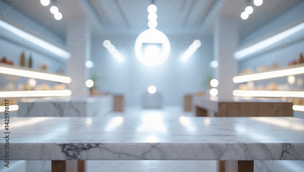 Poster white countertop with empty marble shelf and blurred store background showcasing stone table for pro