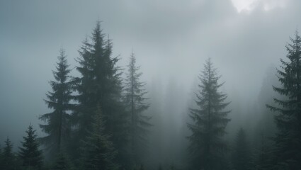 Fototapeta premium Foggy mountain landscape with lush green trees and misty clouds