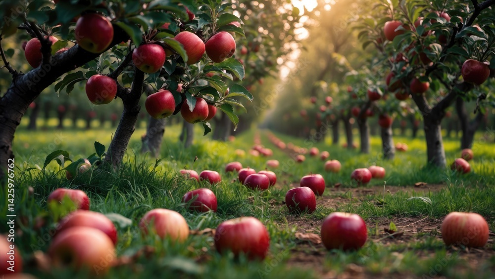 Aufkleber apple trees in rows during harvest, with apples fallen to the ground in an orchard