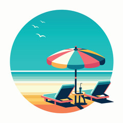 Relaxation on the beach for two. Beach chairs with a sun umbrella on a tropical white background. Poster, Banner, Flyer, Greeting Card. Vector illustration in flat cartoon style