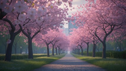 Morning at the park with sakura blossoms