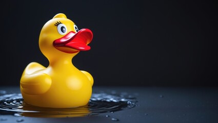Bright yellow rubber duck with red beak on dark background, ideal for childhood and bath time fun themes