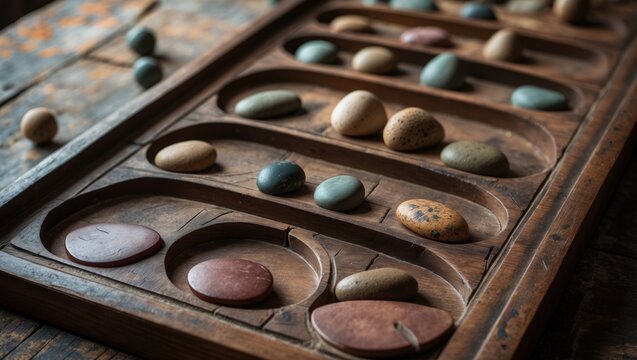 Traditional African Game with Baobab Seeds and Carved Wooden Board