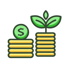 Stack of Coins with Leaf Icon Representing Green Finance and Sustainable Investment