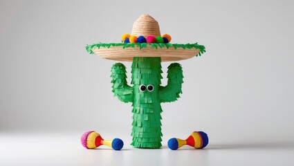 Mexican cactus-shaped pinata with traditional hat and maracas on white backdrop