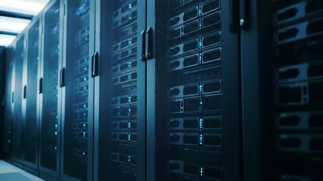 The interior of a cutting-edge data center, featuring rows of advanced server racks lined with efficient computing equipment. The bright LED indicators illuminate the dark environment, highlighting