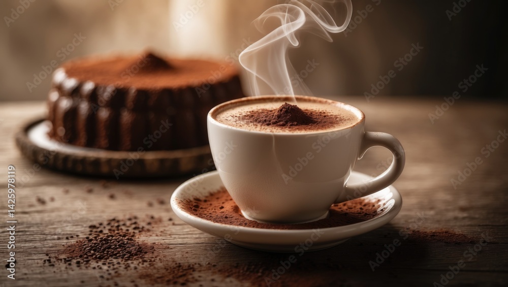 Poster Frothy cappuccino with cocoa dusting served with chocolate cake on a wooden cafe table background