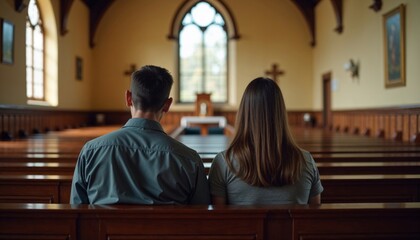 Couple with serene mood praying before wedding ceremony in empty church, symbolizing love and faith against sacred backdrop