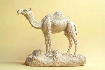 Cream-colored camel sculpture on a sandy base.