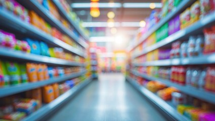 Blurred aisle and shelves in supermarket with bokeh lighting