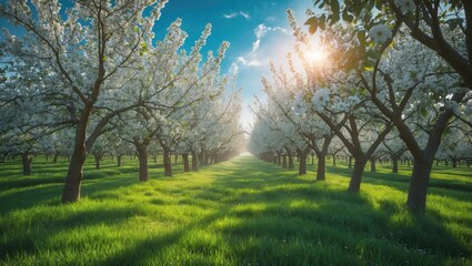 Fototapeta premium Mid-season Apple Orchard in Full Bloom
