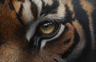 Close up detailed painting of a tigers eye and fur showing intricate detail and texture