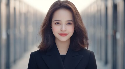 Fototapeta premium Stylish woman with flowing hair, a captivating portrait in classic black jacket