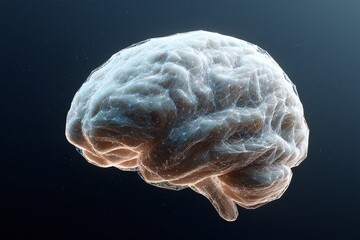 Polygonal human brain is glowing on a dark blue background, concept of artificial intelligence and neural network