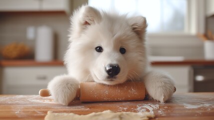 Cute white samoyed puppy resting on rolling pin, helping with baking in home kitchen