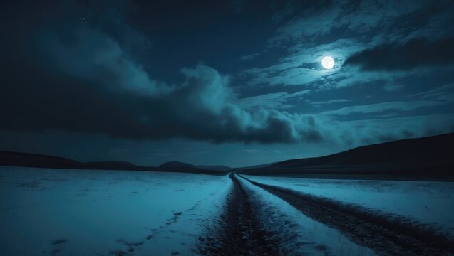 Dark moonlit landscape under a cloudy night sky