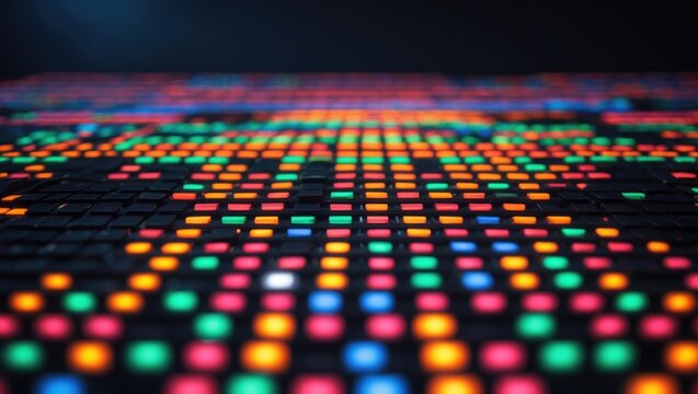 Pixel art design featuring broken LED display with vibrant colors and abstract digital textures
