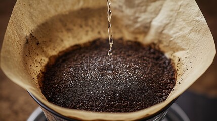 Hot water cascading over ground coffee, filtering dark roast in preparation for morning brew