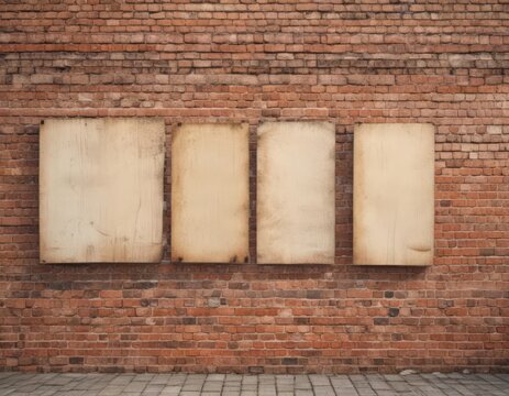 Weathered paper posters on brick wall, sun-bleached effect,  vintage,  sun-damaged,  mock up
