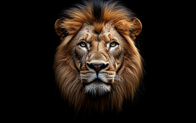 Fototapeta premium Majestic Male Lion Portrait Against Black Background Powerful King of the Jungle Wildlife Photography