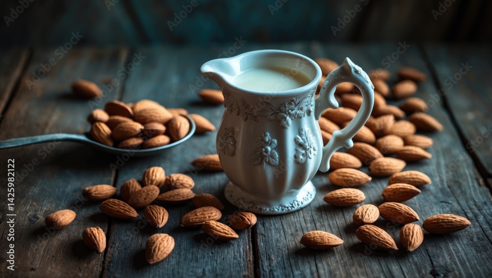 Poster almond milk served in a jar alongside almonds and nuts on a rustic table