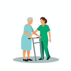 Elderly woman using walker supported by nurse, healthcare compassion